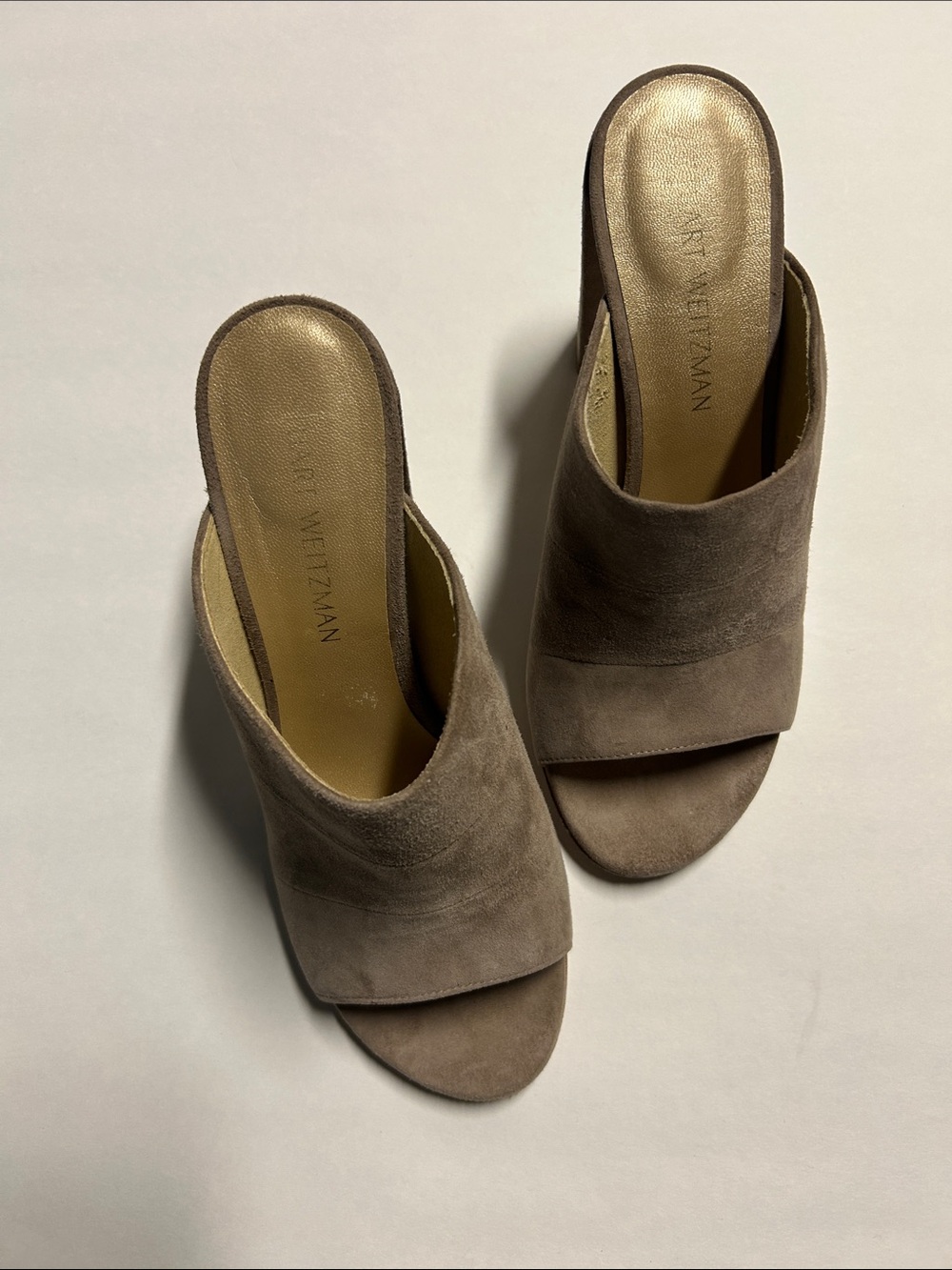 Stuart Weitzman Taupe Suede Open-Toe Slide Mules